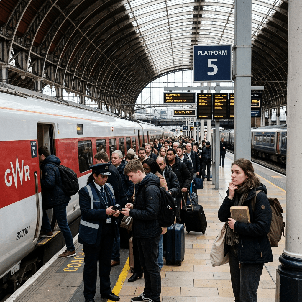 Passengers queuing to board GWR train at platform 5 with station staff checking tickets