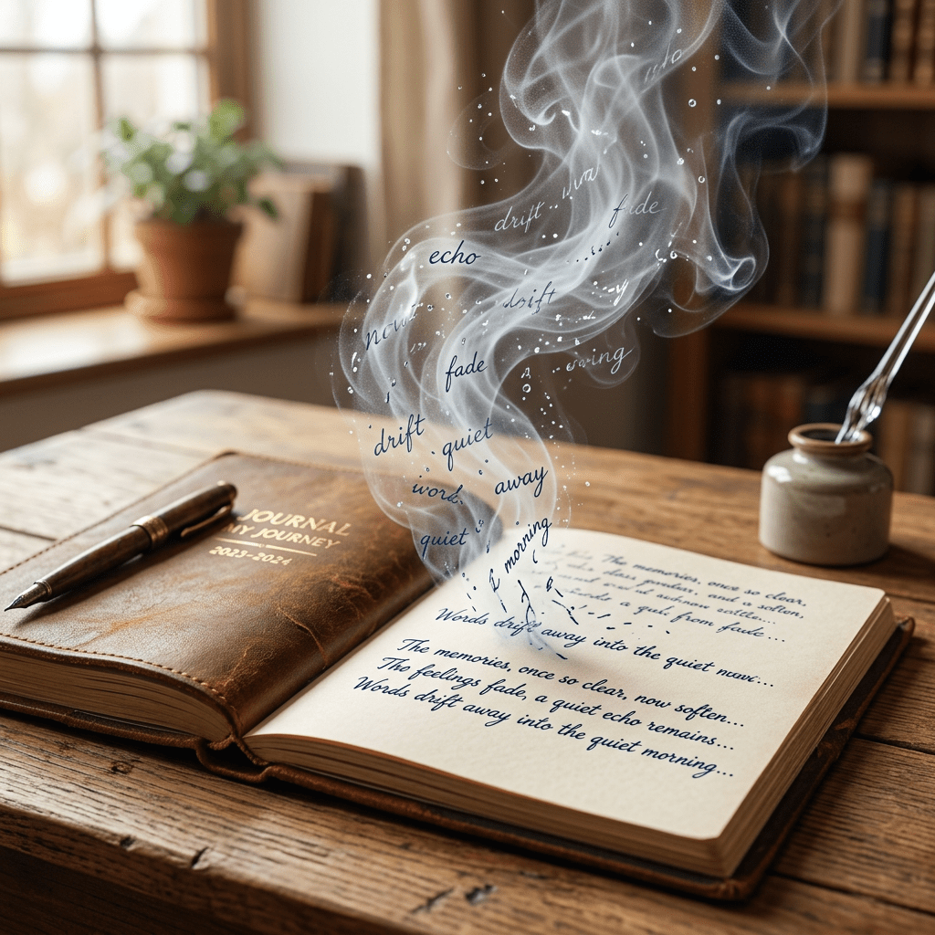 Open journal with handwritten poem and words rising as smoke over wooden table