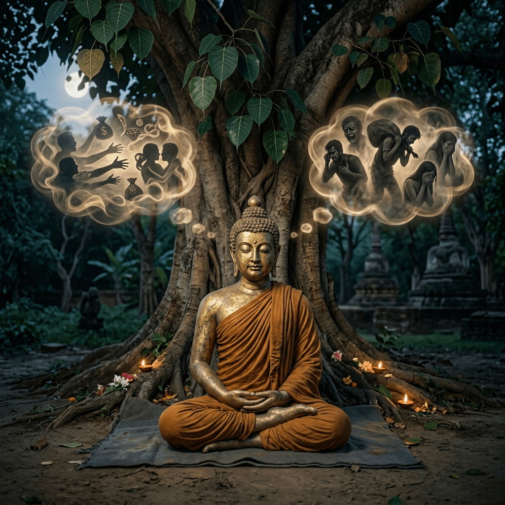 Man meditating cross-legged under a large tree with thought bubbles showing desires and suffering